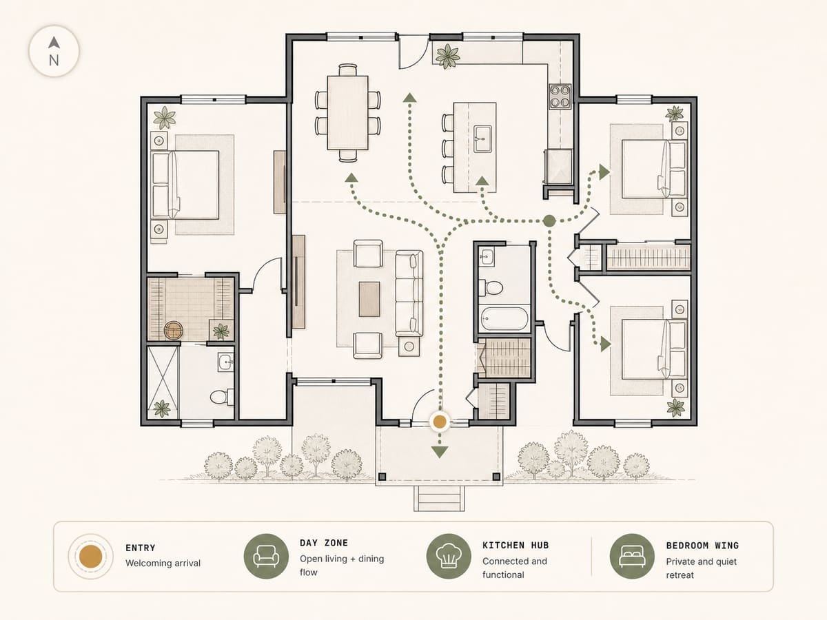 Floor plan circulation flow highlights