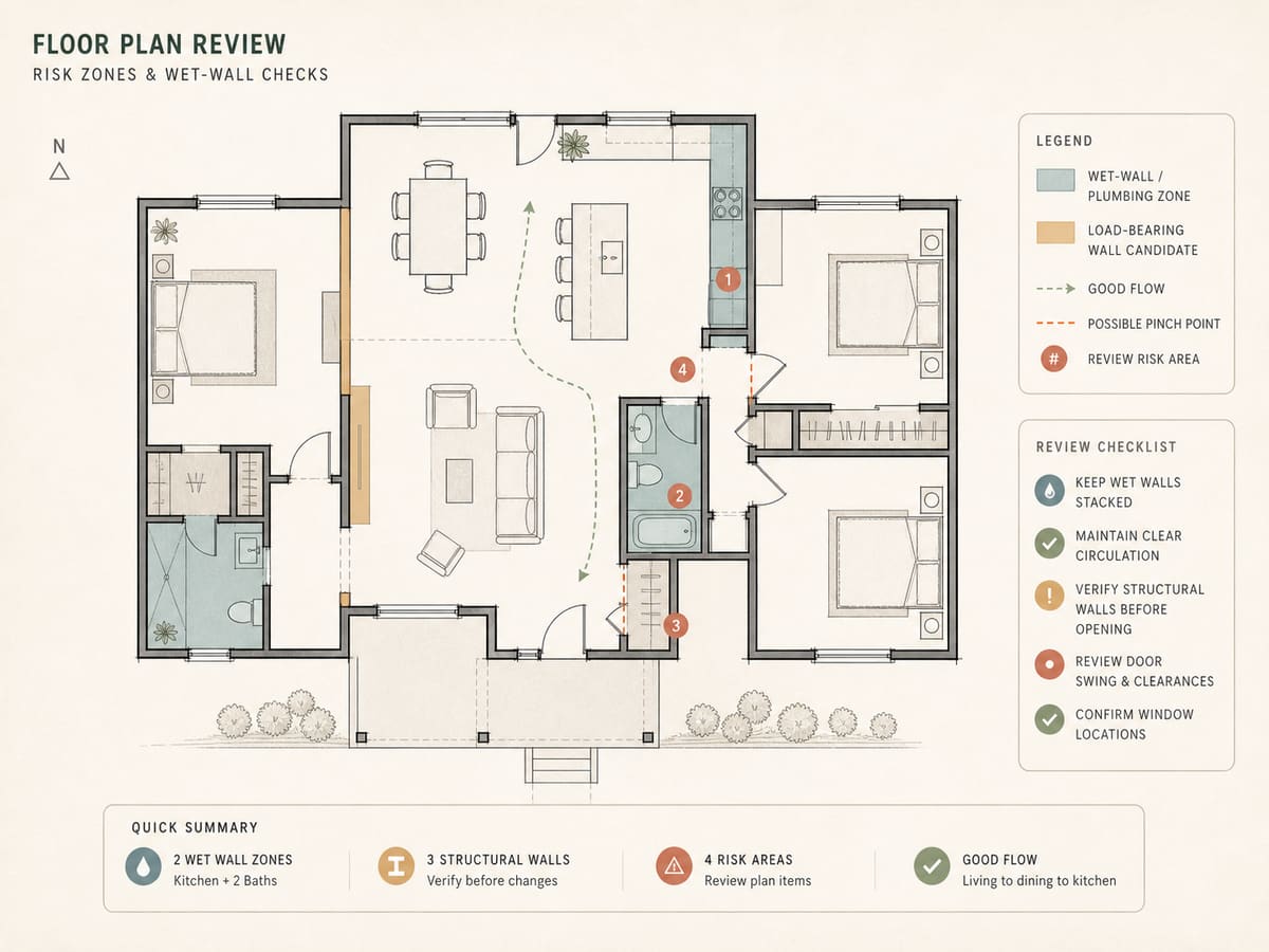 Floor plan risk and wet-wall check highlights