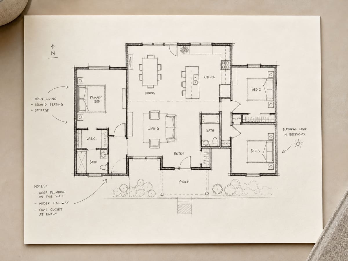 Rough homeowner floor plan sketch for AI floor plan generator sample