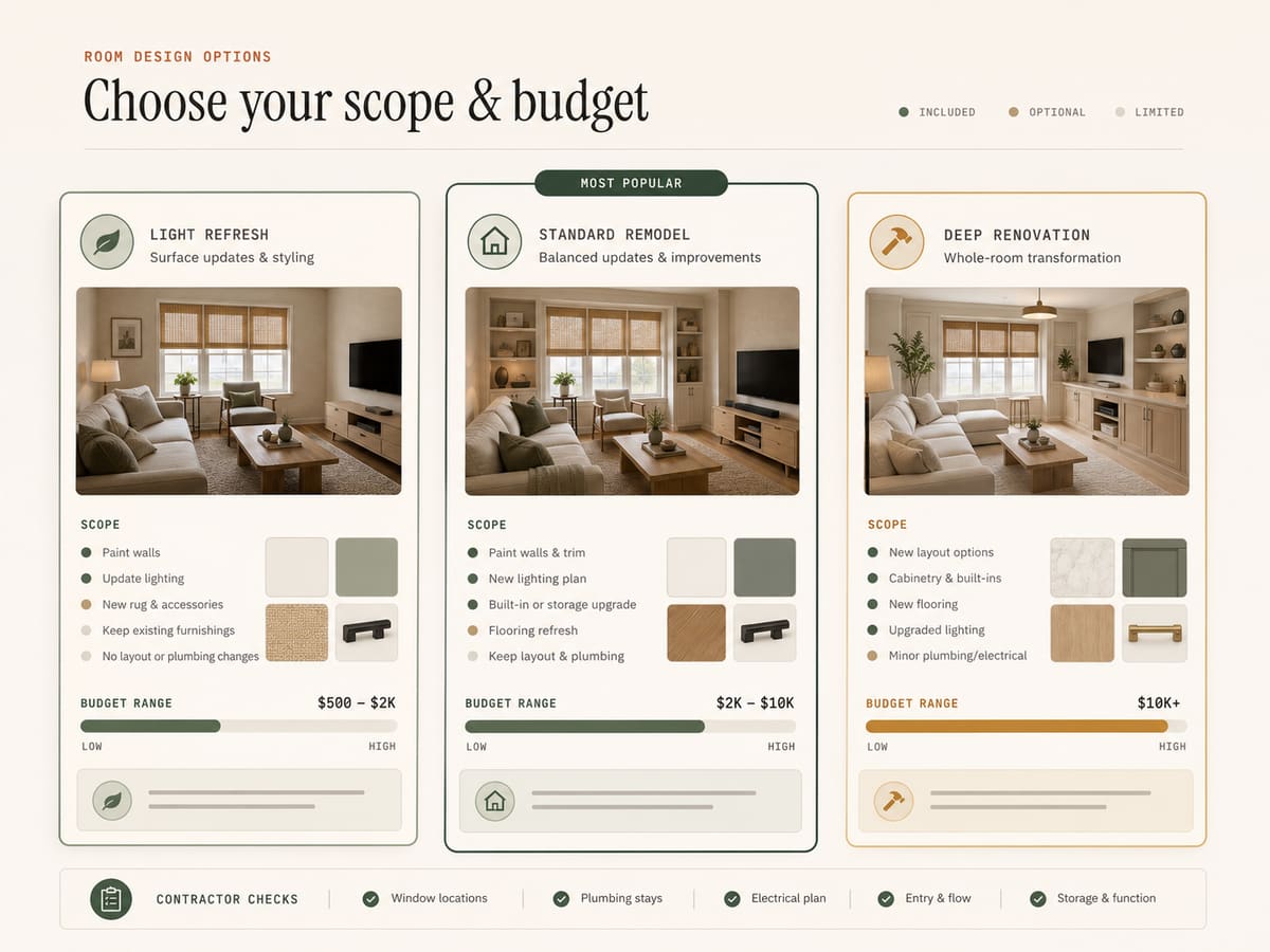 Room design budget mode comparison brief